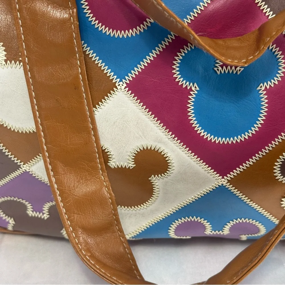 Disney Parks Mickey Mouse Multicolor Patchwork Tote Hobo Sa Bag with Brown Trim - Picture 3 of 14